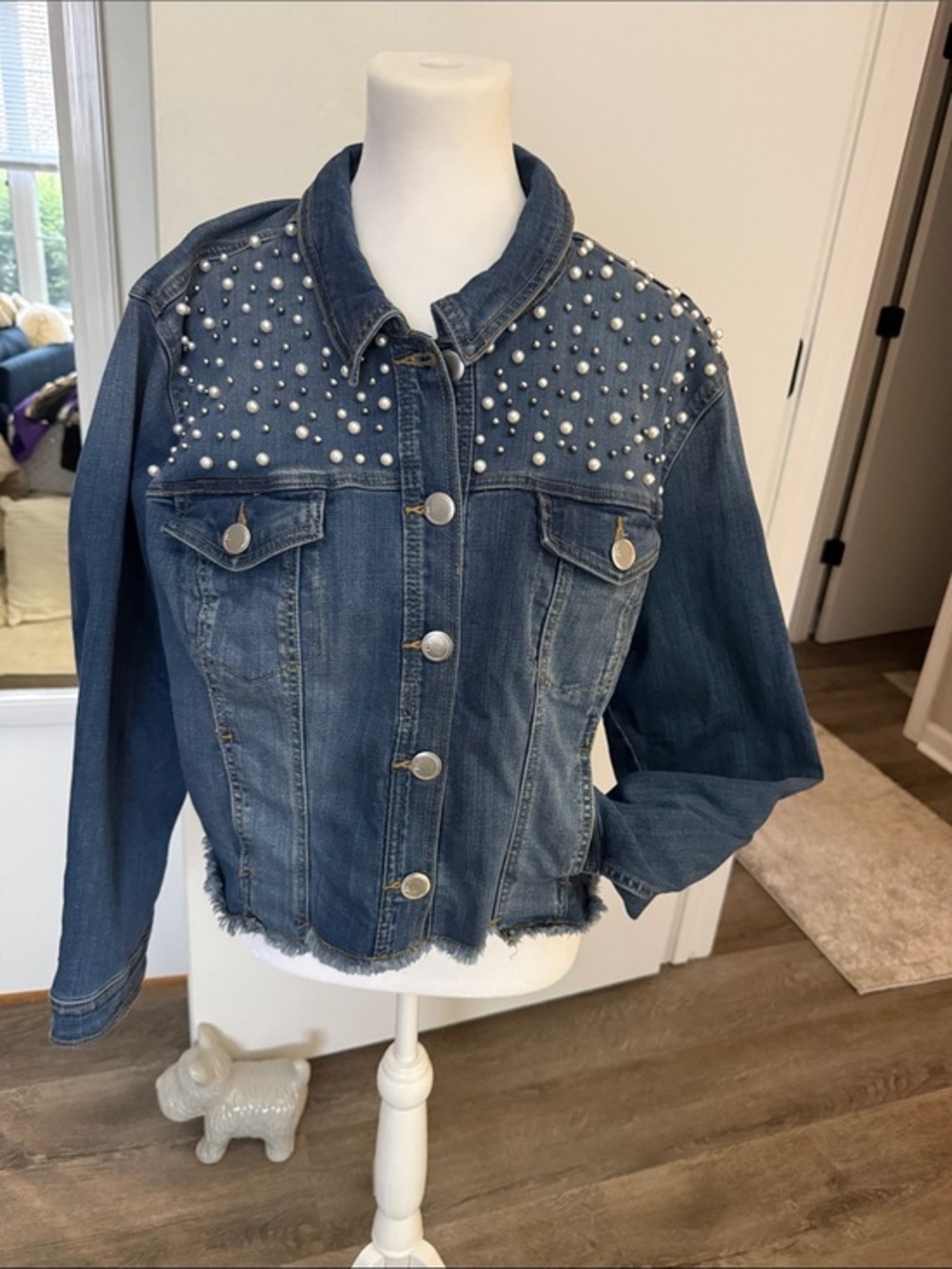 Lane Bryant SZ 18 Blue Denim Jacket with Pearl Studs. Great condition